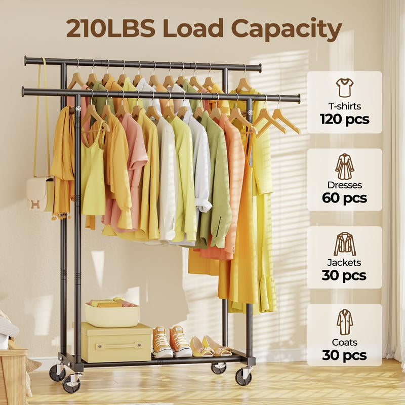 HYSEYY Clothes Rack with Wheels, Metal Rack Double Rods Movable Shelf ,For Hanging Clothes,Multi-Functional, Rolling Clothing Rack 210 Lbs Load Capacity Essential Home Garment