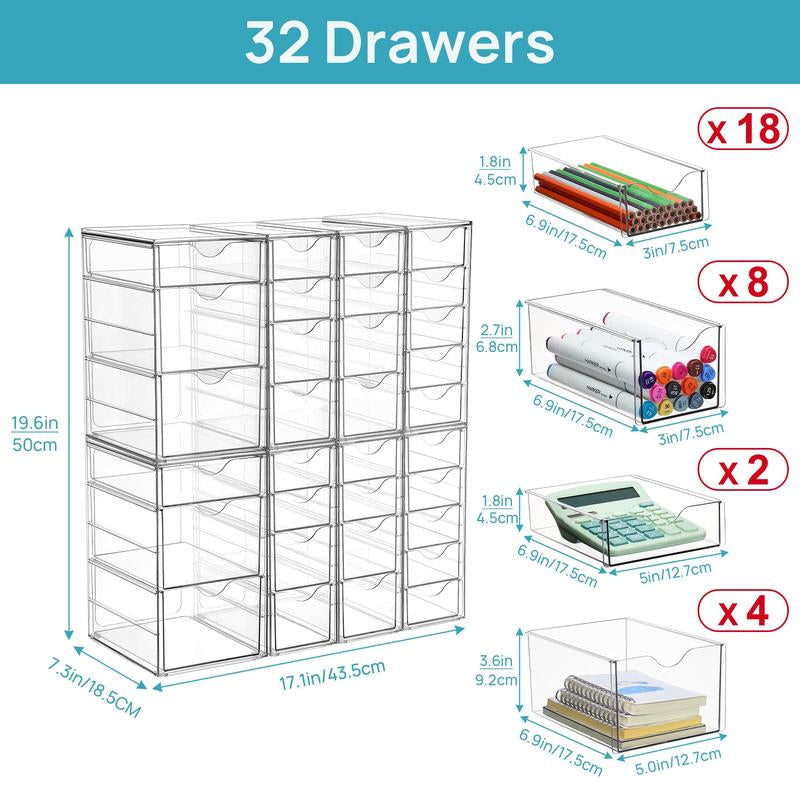 Vtopmart Acrylic Organizer With10-32Drawers Clear Storage Drawers for Office Supplies Desk Organization and Storage for Makeup Jewelry Art Crafts Non-Slip Silicone Pad Variety of Drawer Options for Desk Vanity Fridge Bathroom Pantry