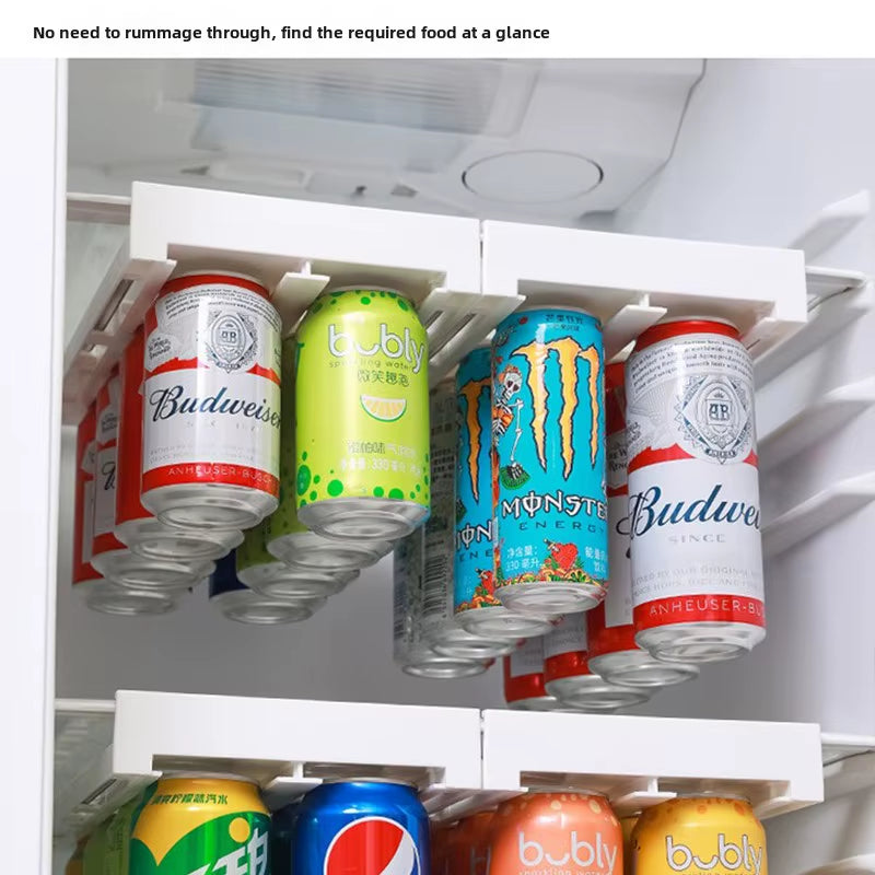 Cajón de almacenamiento para refrigerador, diseñado para optimizar el espacio, organizar latas y botellas de manera eficiente. Con un diseño futurista y modular, adaptándose al estilo de vida moderno con un toque minimalista.