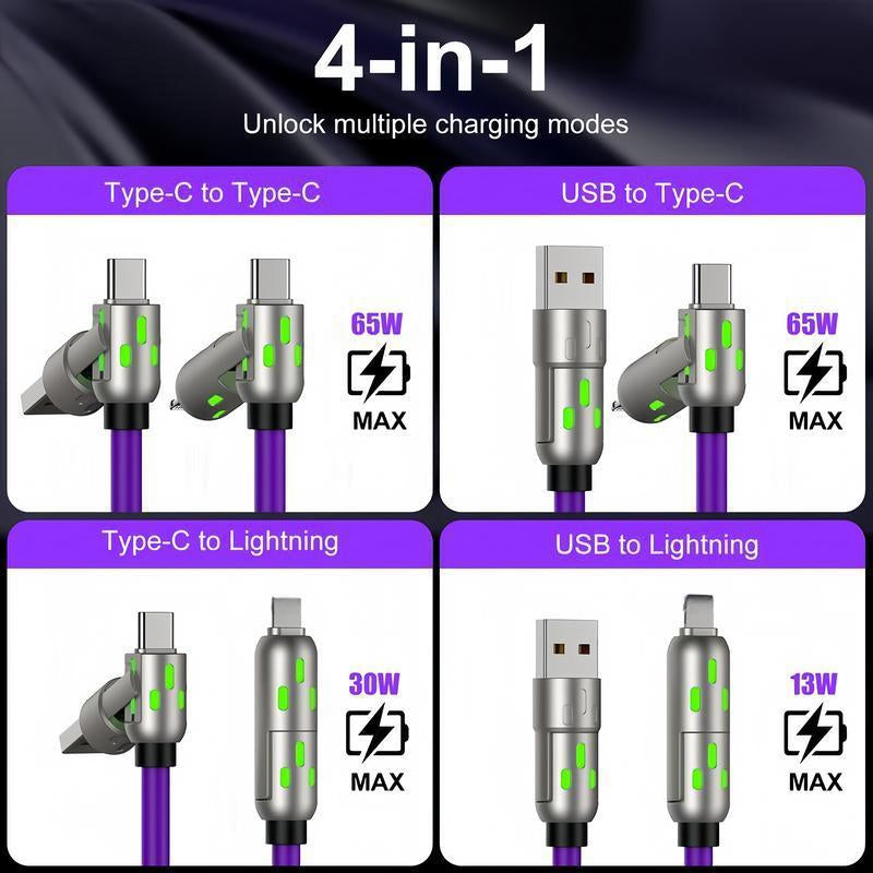 [Buy 1 Get 1 Free] 6.6Ft 4-In-1 Multi USB Charging Cable with USB A,Type C,Lightning-Max65W Fast Charging & Data Sync for Iphone16/15,Ipad Pro, Samsung & Laptops Fast Charger Usb Cable 4-In-1 Fast Breathing Light -Max 1 Usb-C Data 4 1 Charging Cable O