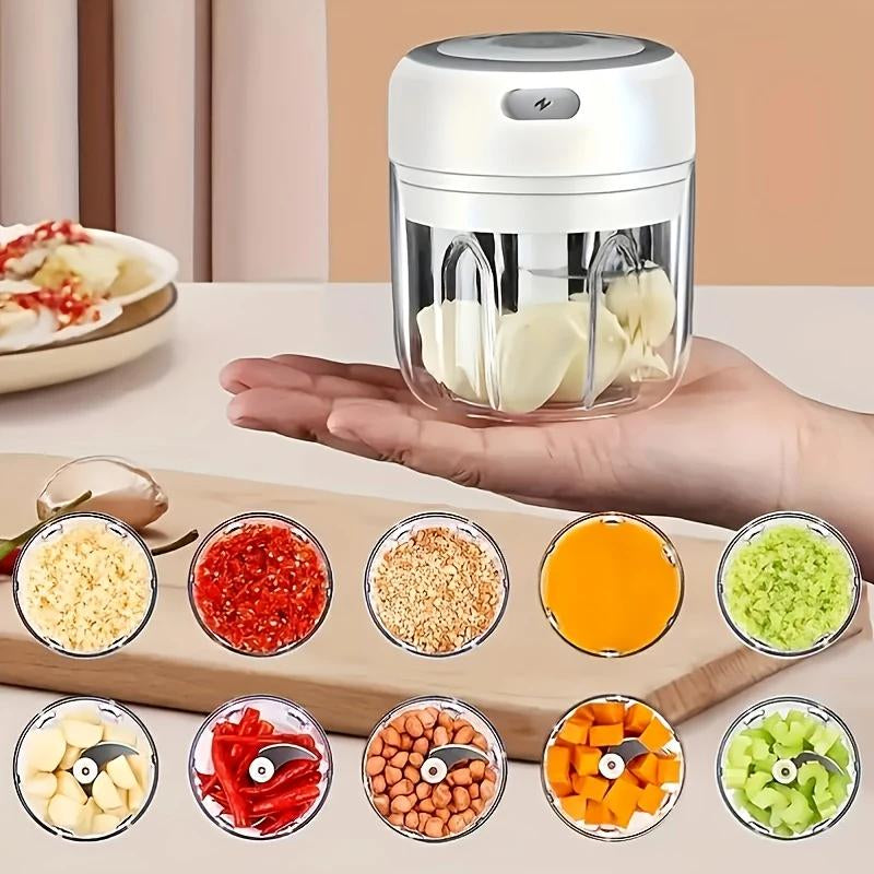 Garlic Chooper, 3 Sharp Blade,Protable Veggie Chopper, 300ML Garlic Grinder Masher Onion Chooper,Blender to Vegetable,Cordless Food Processor for Ginger,Chili,Fruit,Meat,Spices,Beans,Etc
