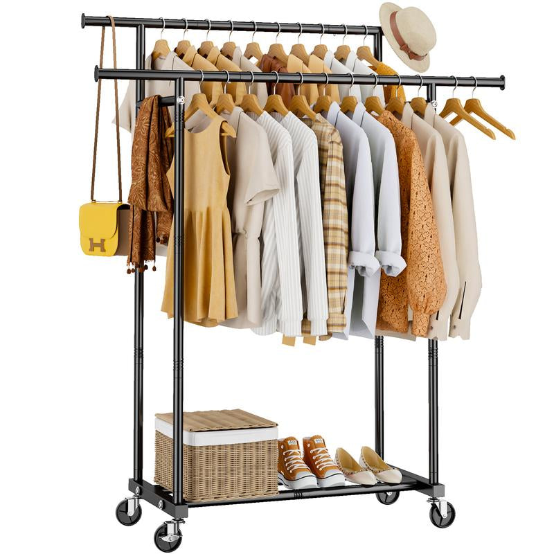 HYSEYY Clothes Rack with Wheels, Metal Rack Double Rods Movable Shelf ,For Hanging Clothes,Multi-Functional, Rolling Clothing Rack 210 Lbs Load Capacity Essential Home Garment