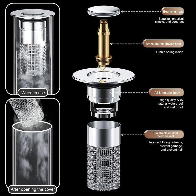 Bathroom Sink Stopper Hair Catcher, Universal Pop up Sink Drain Filter with Stainless Steel Filter Basket, Bathroom Sink Drain Strainer