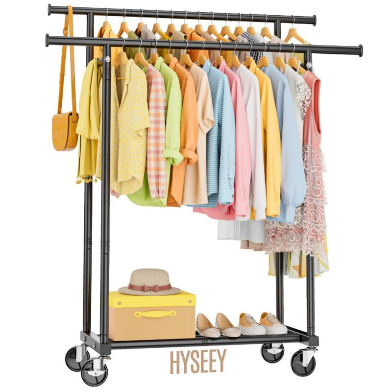 HYSEYY Clothes Rack with Wheels, Metal Rack Double Rods Movable Shelf ,For Hanging Clothes,Multi-Functional, Rolling Clothing Rack 210 Lbs Load Capacity Essential Home Garment